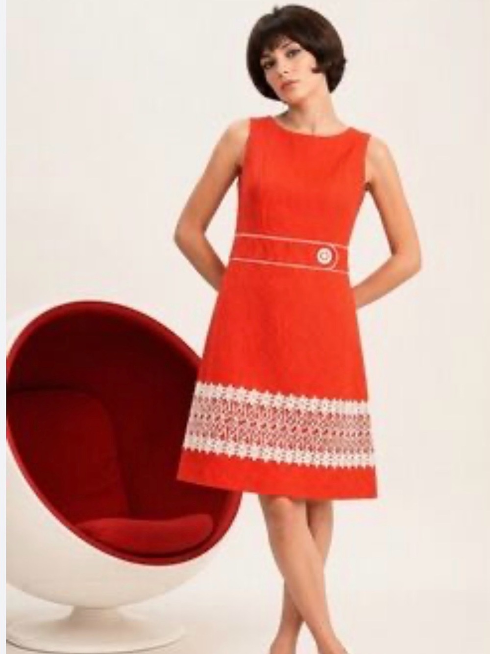 Alexandra Bartlett Vibrant Orange Textured Dress w White Lace Trim Hem/Belt Sz 4